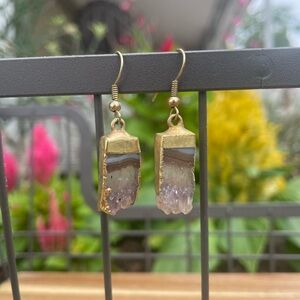 Gold Natural Agate Gemstone Crystal Earrings